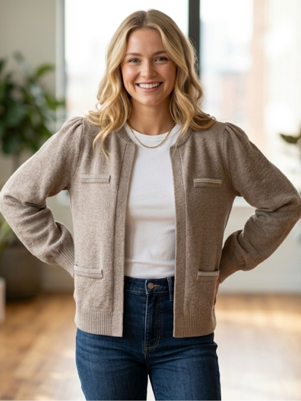 89TH & MADISON Taupe Knit Open Cardigan